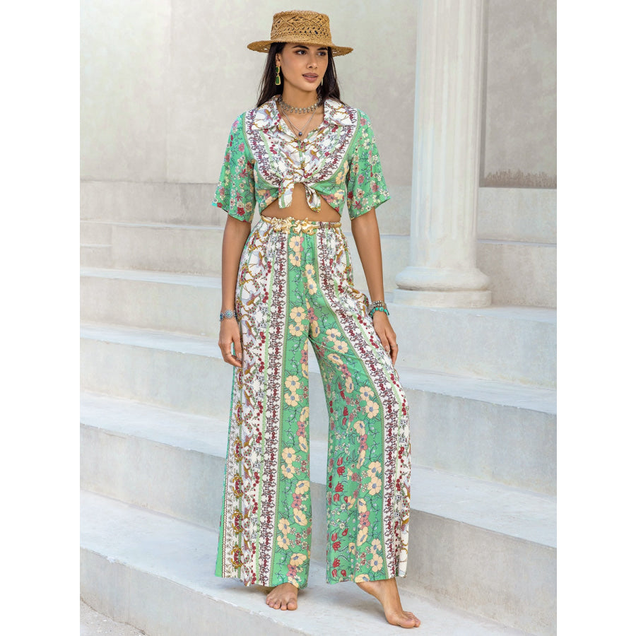 Printed Half Sleeve Top and Wide Leg Pants Set Gum Leaf / S Apparel and Accessories