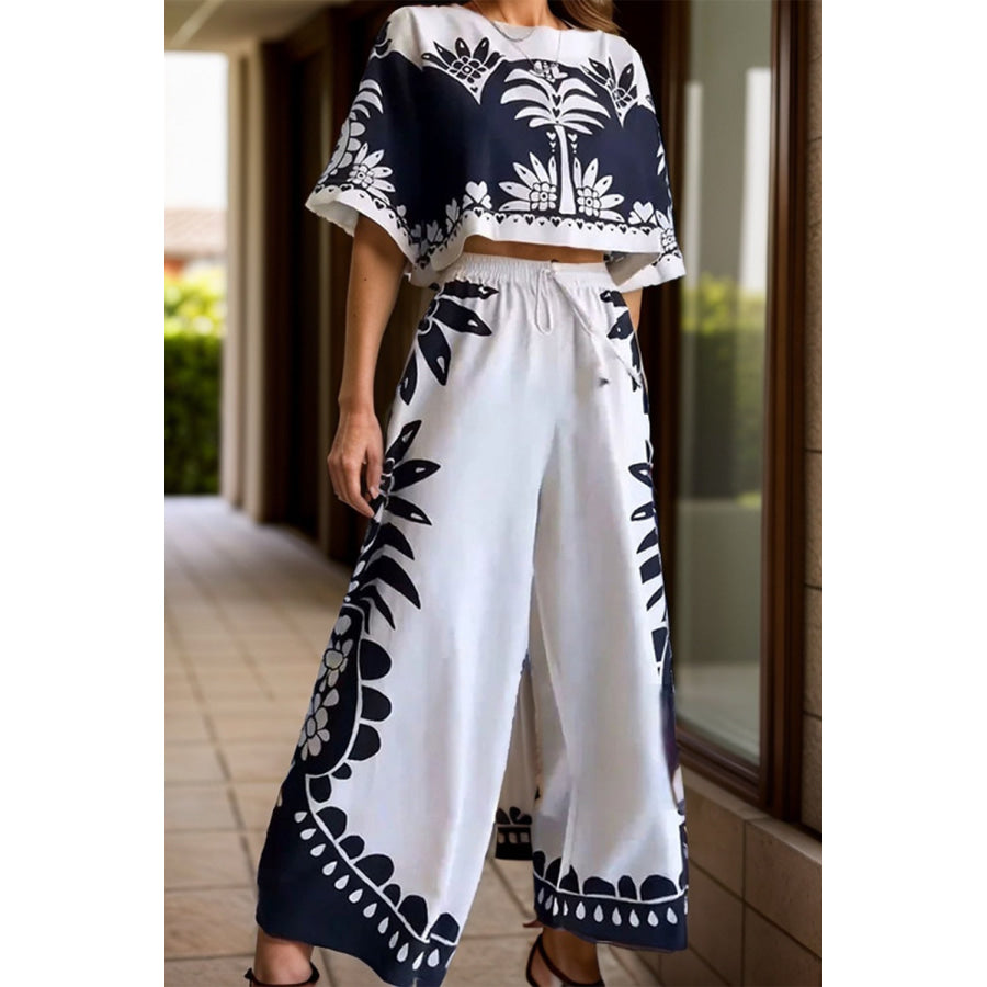 Printed Half Sleeve Top and Wide Leg Pants Set White / S Apparel and Accessories