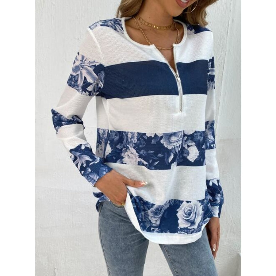 Printed Half Zip Long Sleeve T-Shirt Clothing