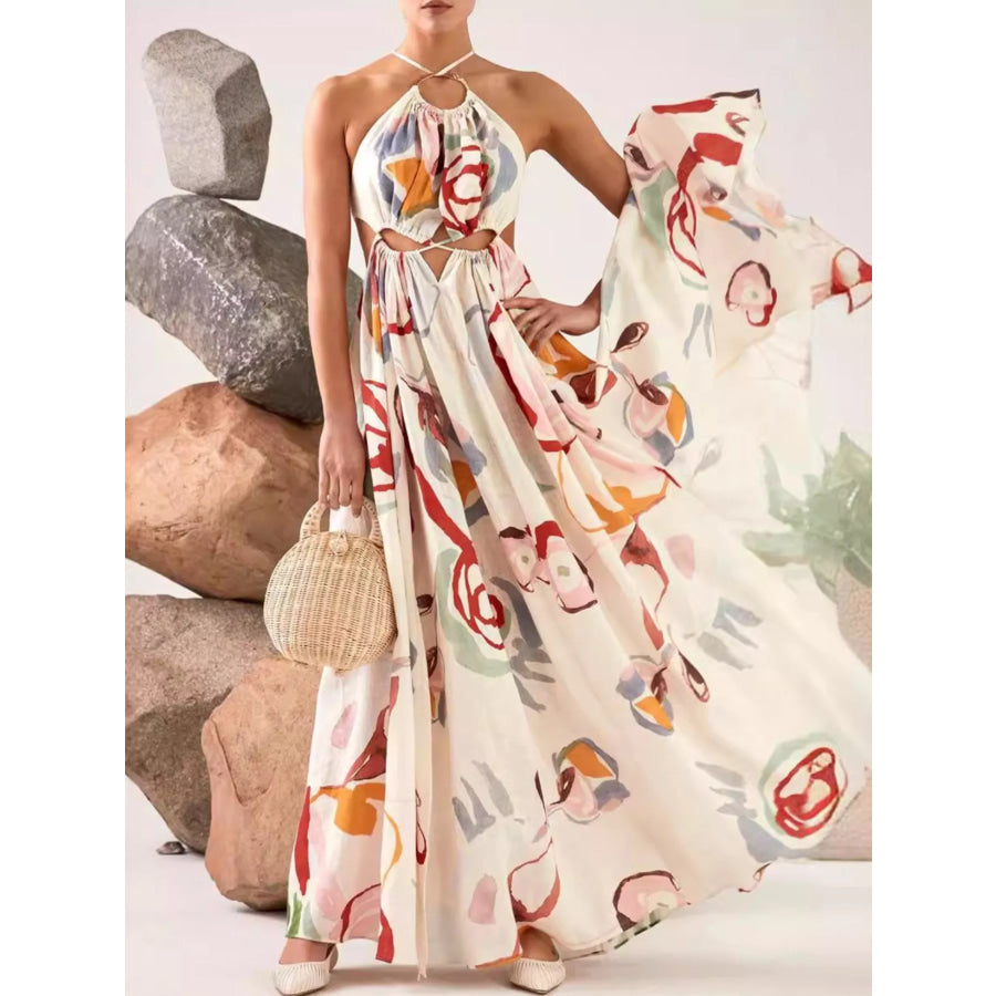 Printed Halter Neck Cut-Out Maxi Dress Apparel and Accessories