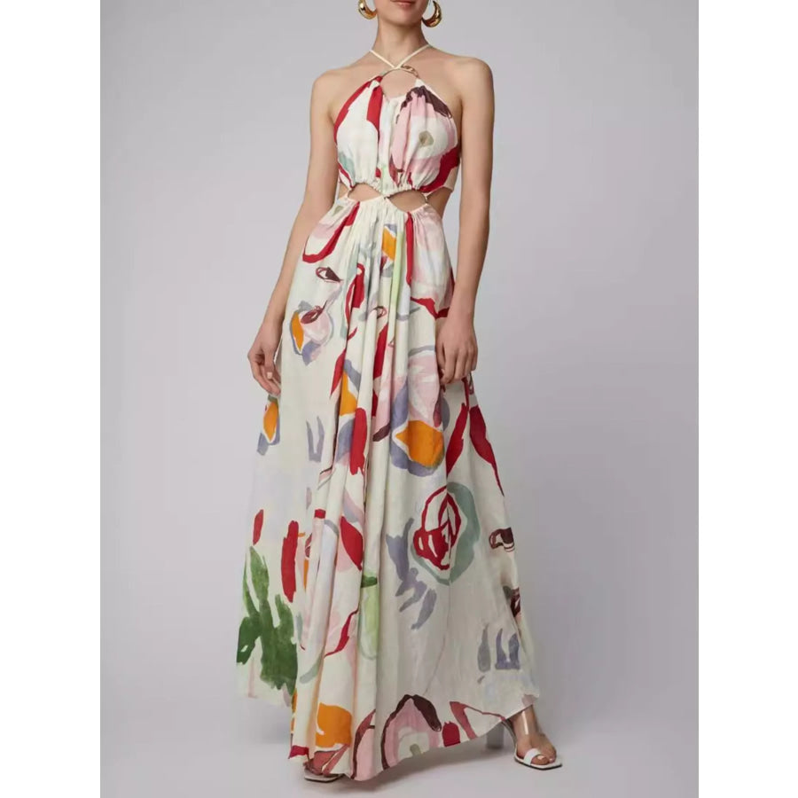 Printed Halter Neck Cut-Out Maxi Dress White / S Apparel and Accessories
