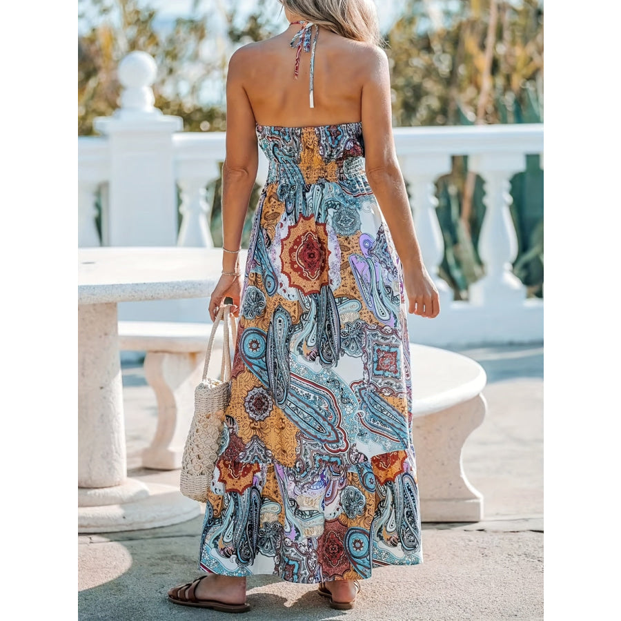 Printed Halter Neck Maxi Dress Pastel Blue / S Apparel and Accessories