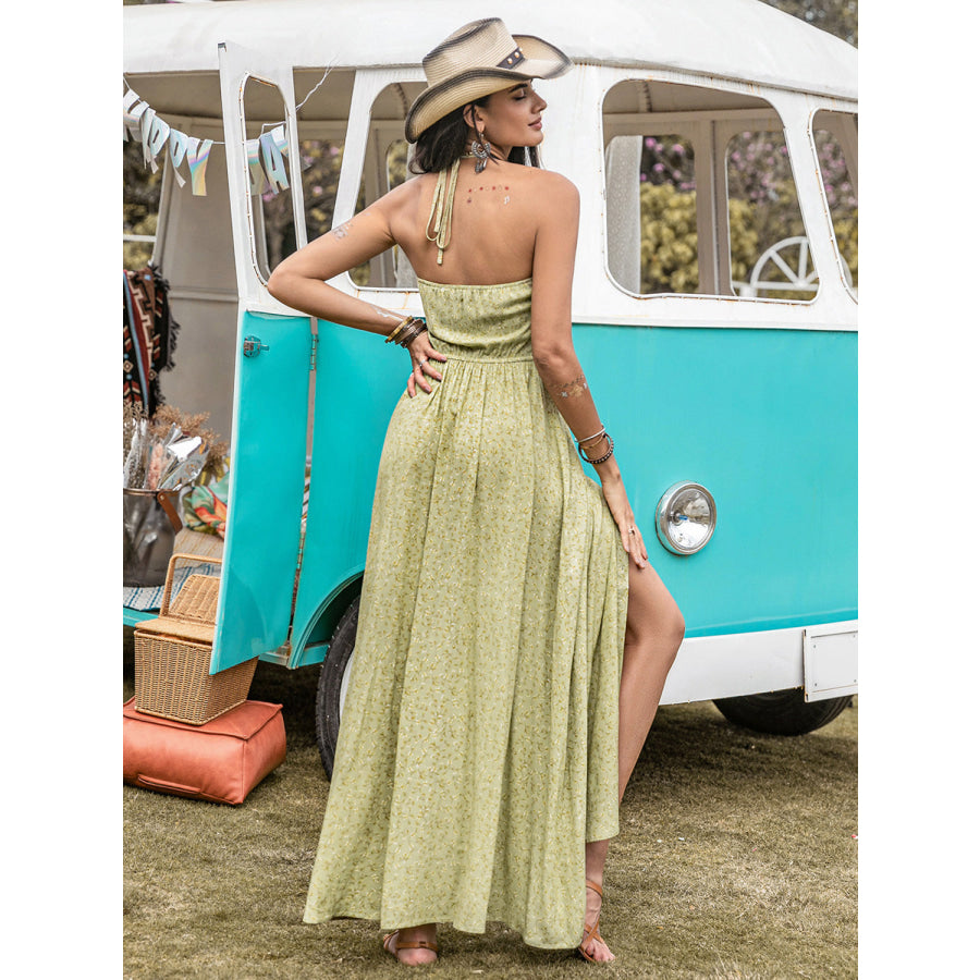 Printed Halter Neck Maxi Dress Sage / S Apparel and Accessories