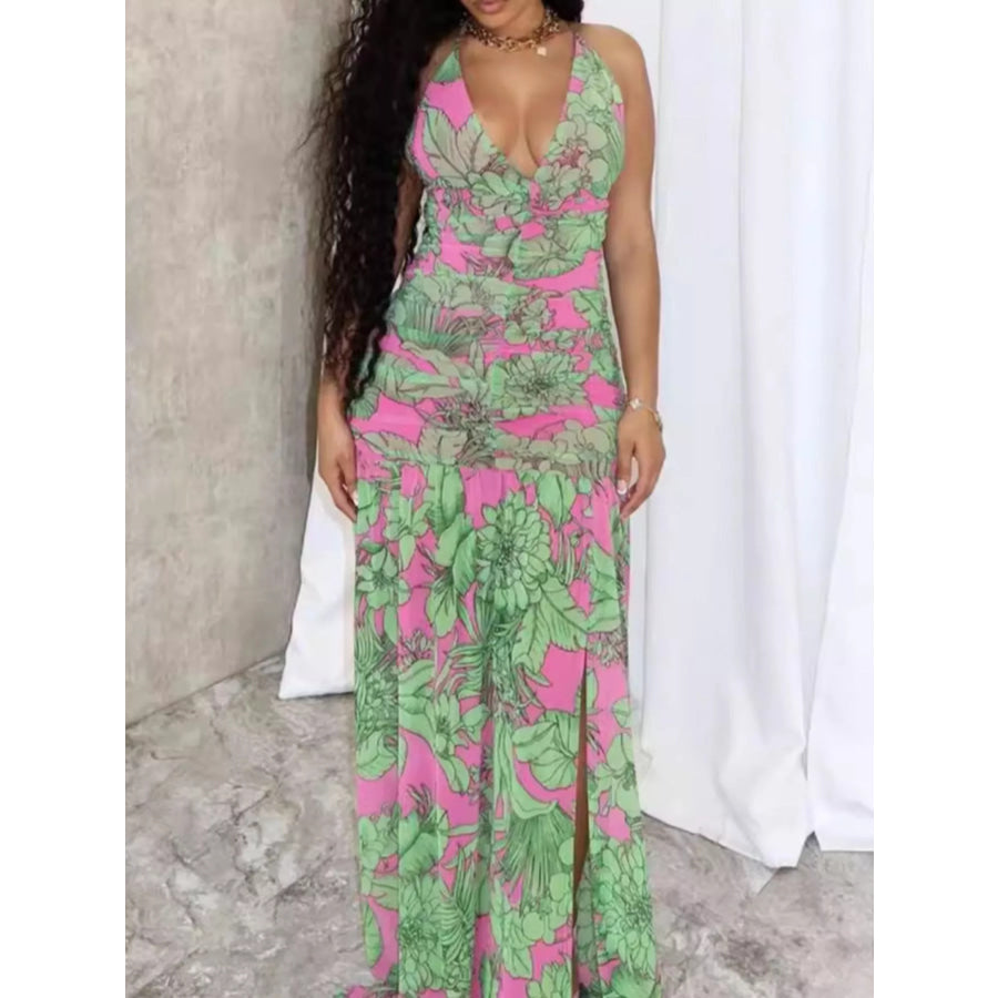 Printed Halter Neck Maxi Dress Green / S Apparel and Accessories