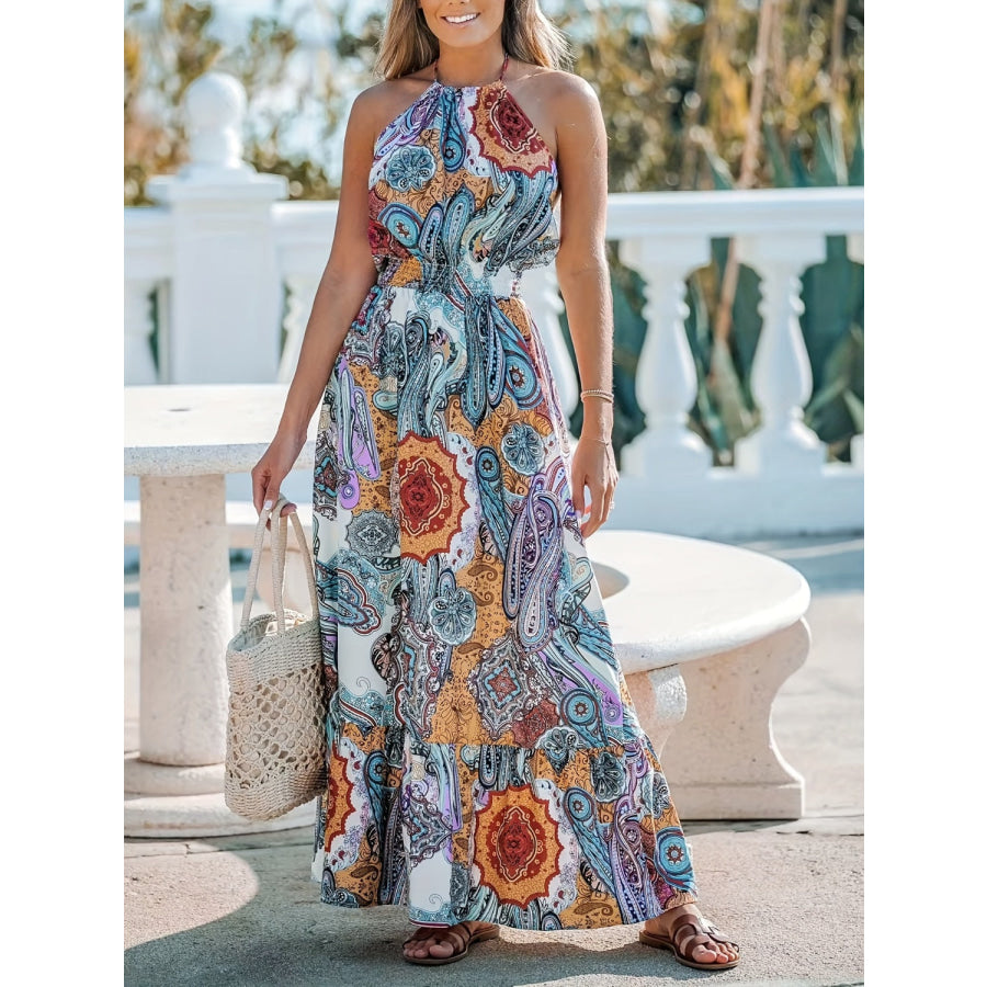 Printed Halter Neck Maxi Dress Pastel Blue / S Apparel and Accessories