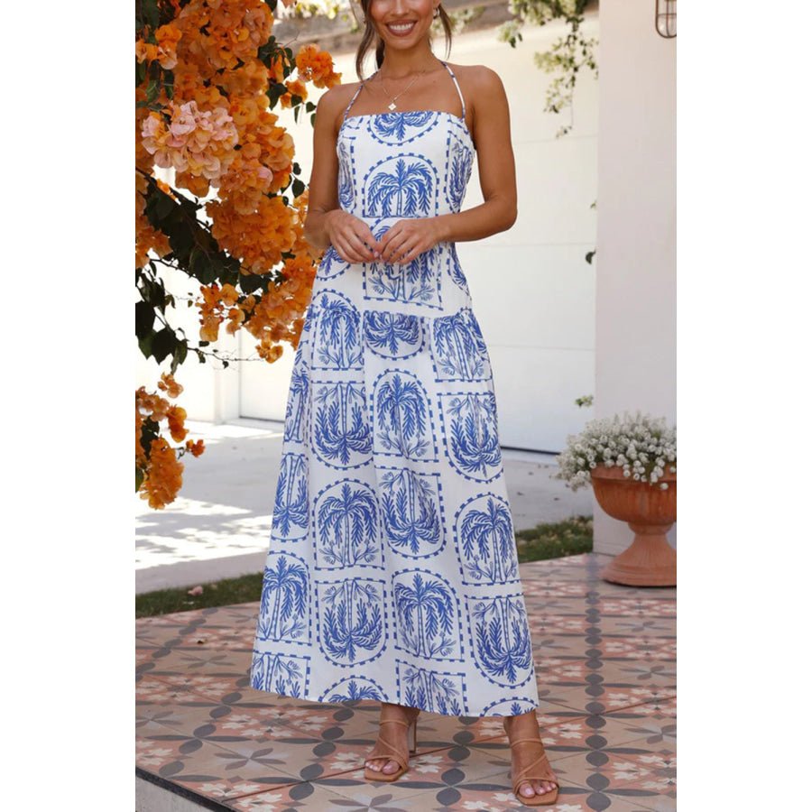 Printed Halter Neck Maxi Dress Royal Blue / S Apparel and Accessories