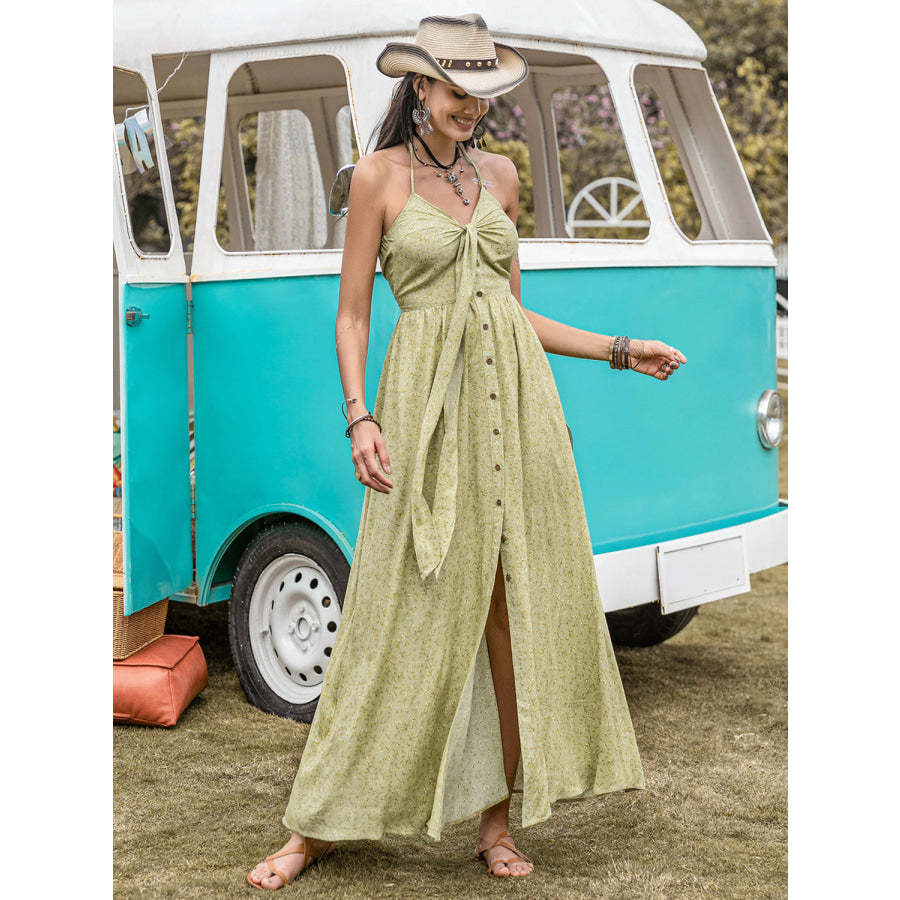 Printed Halter Neck Maxi Dress Sage / S Apparel and Accessories