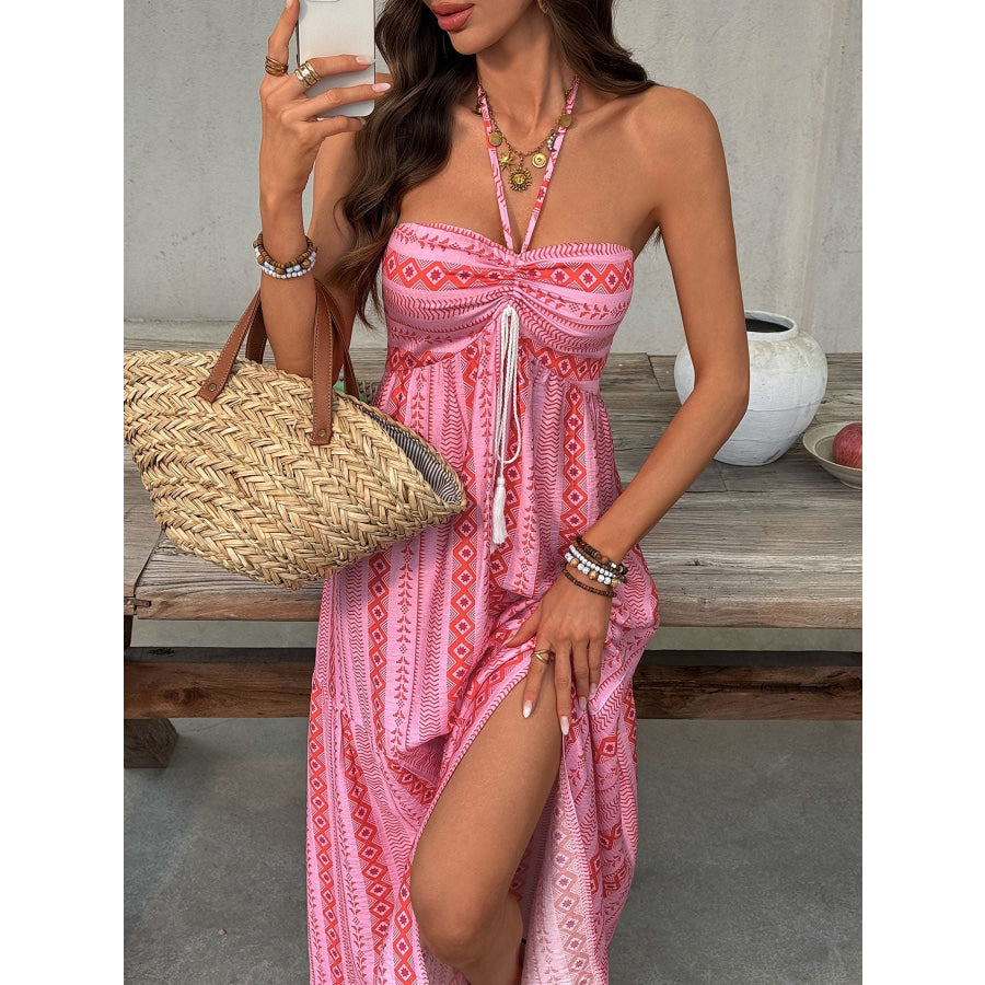 Printed Halter Neck Slit Midi Dress Apparel and Accessories