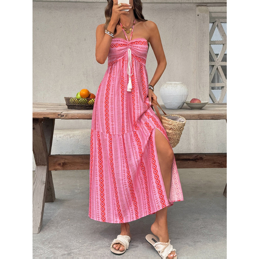 Printed Halter Neck Slit Midi Dress Apparel and Accessories