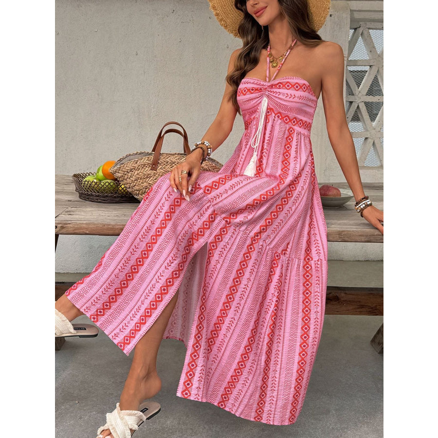 Printed Halter Neck Slit Midi Dress Apparel and Accessories