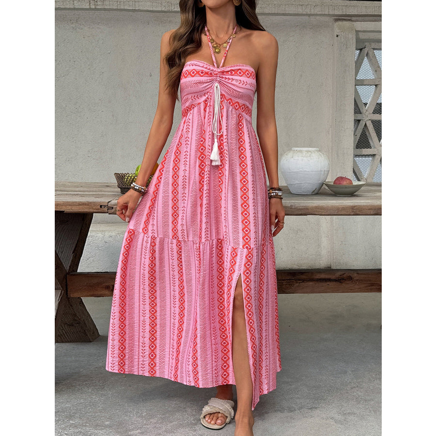 Printed Halter Neck Slit Midi Dress Pink / S Apparel and Accessories