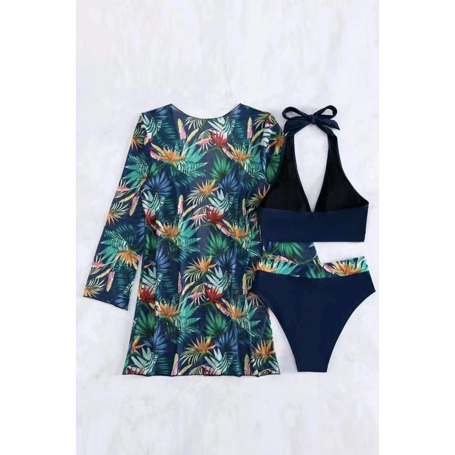 Printed Halter Neck Three-Piece Swim Set Apparel and Accessories