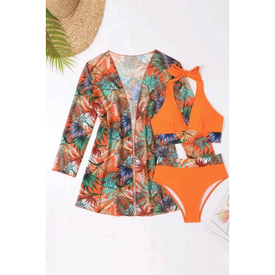 Printed Halter Neck Three-Piece Swim Set Apparel and Accessories