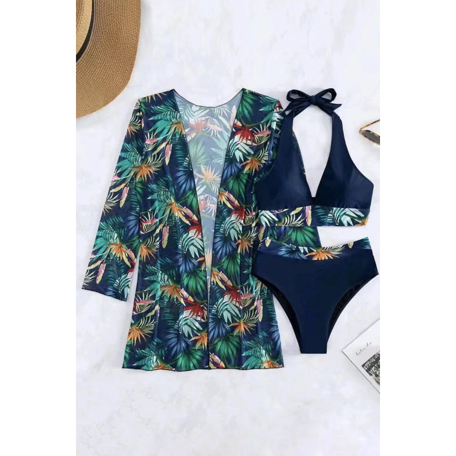 Printed Halter Neck Three-Piece Swim Set Black / S Apparel and Accessories