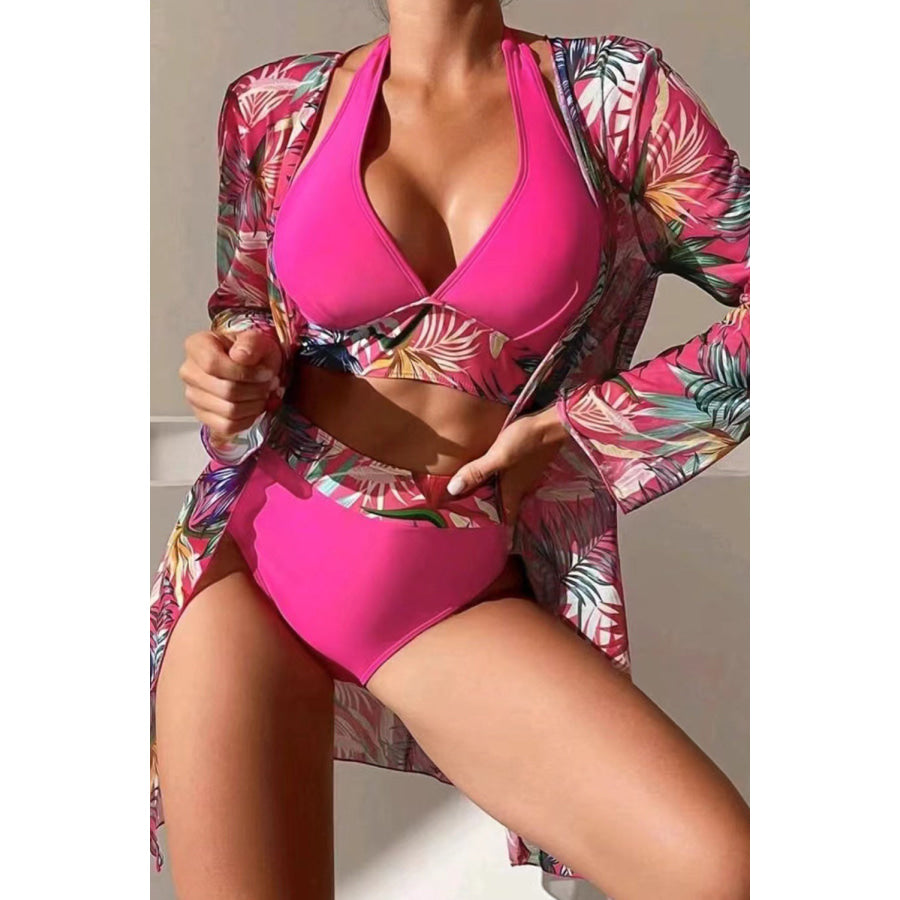 Printed Halter Neck Three-Piece Swim Set Fuchsia Pink / S Apparel and Accessories