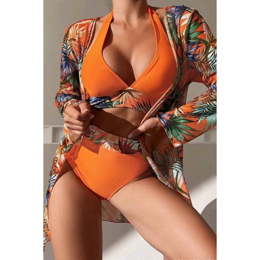 Printed Halter Neck Three-Piece Swim Set Tangerine / S Apparel and Accessories