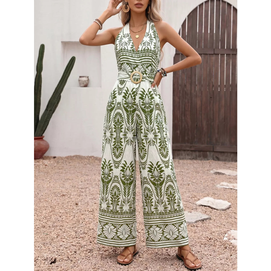 Printed Halter Neck Wide Leg Jumpsuit Apparel and Accessories