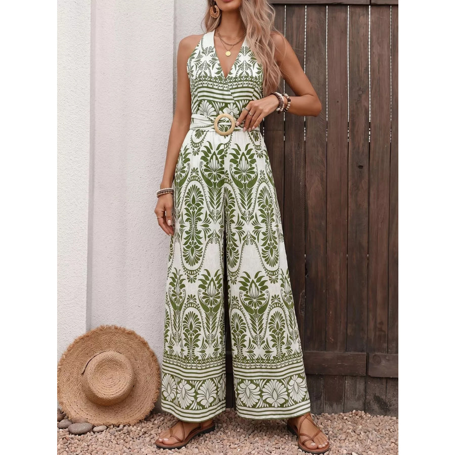 Printed Halter Neck Wide Leg Jumpsuit Apparel and Accessories