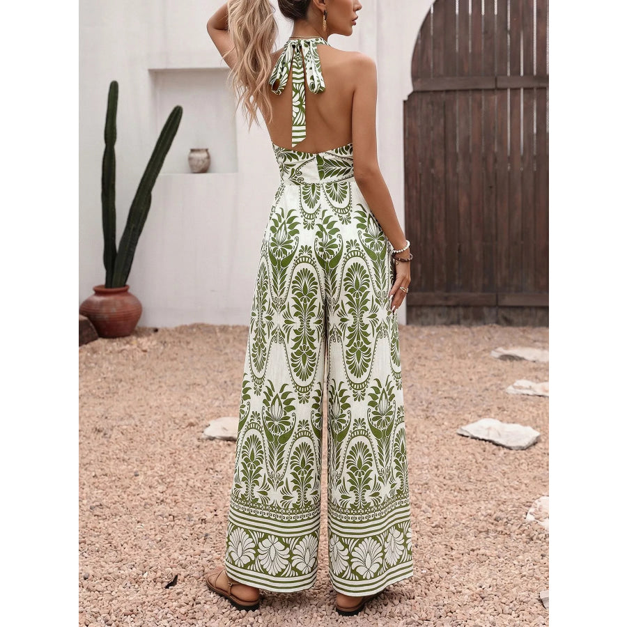 Printed Halter Neck Wide Leg Jumpsuit Apparel and Accessories