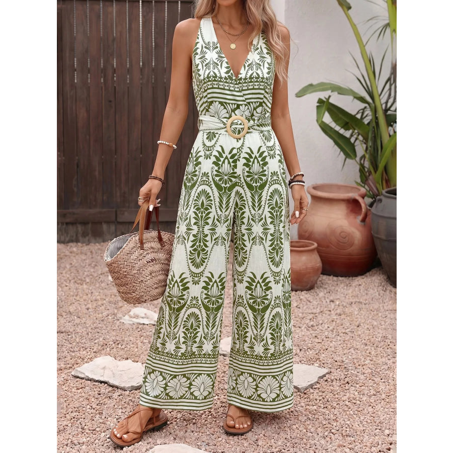 Printed Halter Neck Wide Leg Jumpsuit Green / S Apparel and Accessories