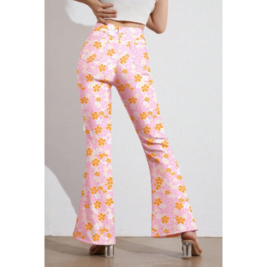 Printed High Waist Flare Pants with Pockets Watermelon pink / S Apparel and Accessories