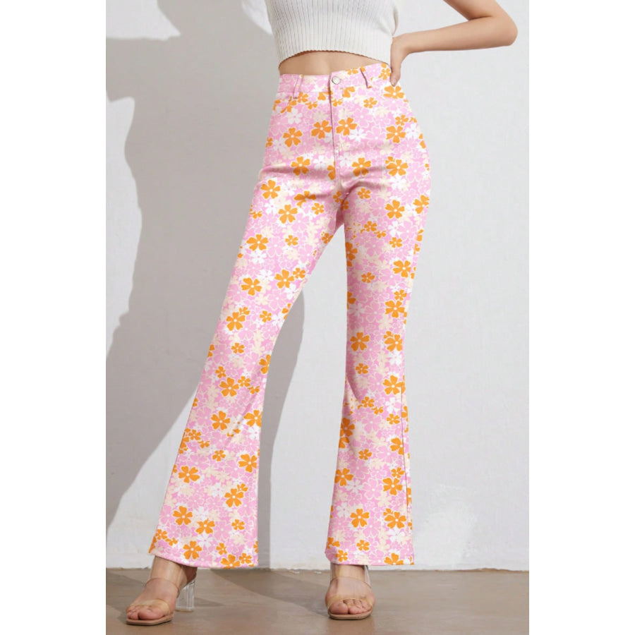 Printed High Waist Flare Pants with Pockets Watermelon pink / S Apparel and Accessories