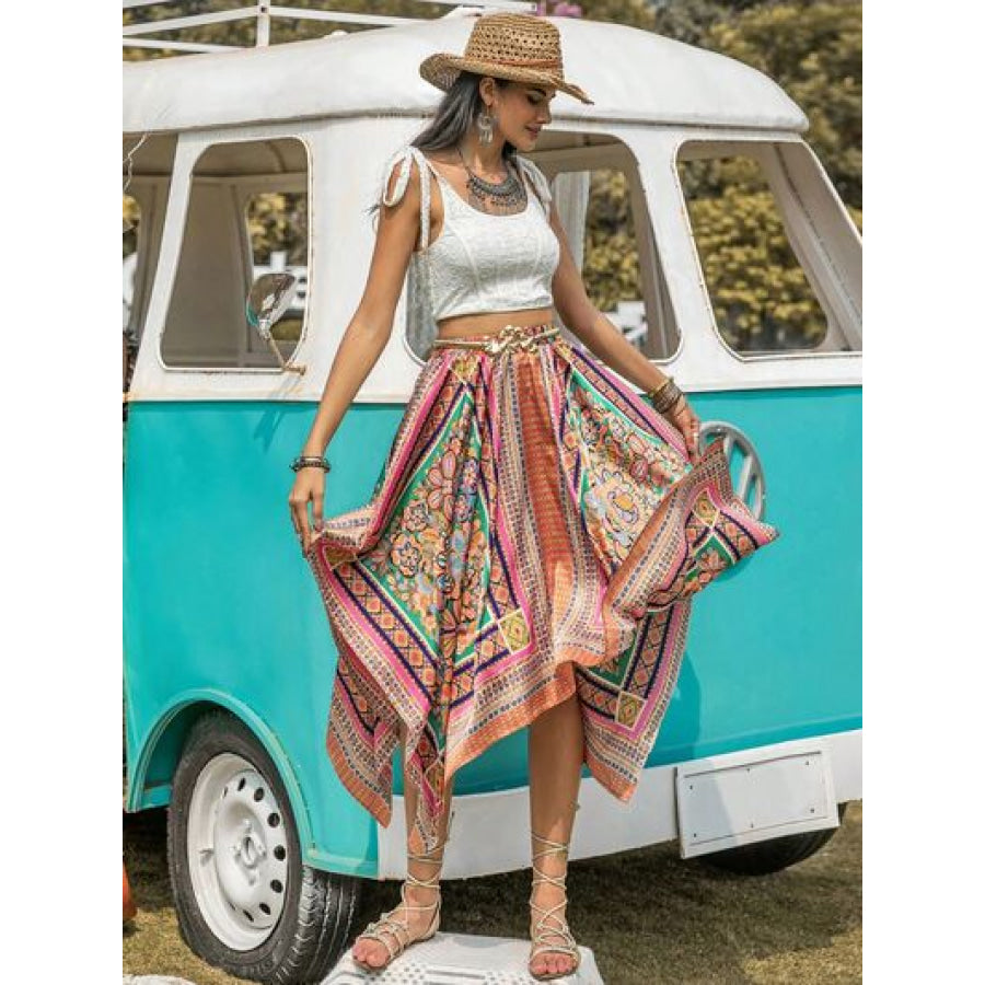 Printed High Waist Handkerchief Hem Skirt Apparel and Accessories