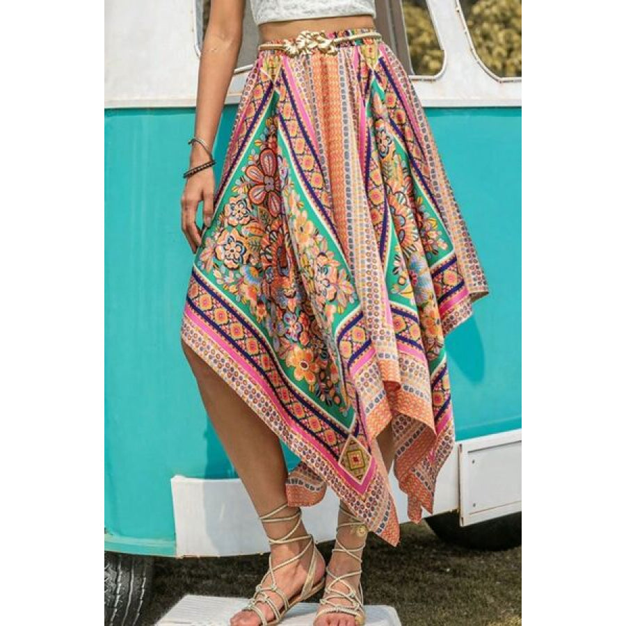 Printed High Waist Handkerchief Hem Skirt Multicolor / S Apparel and Accessories
