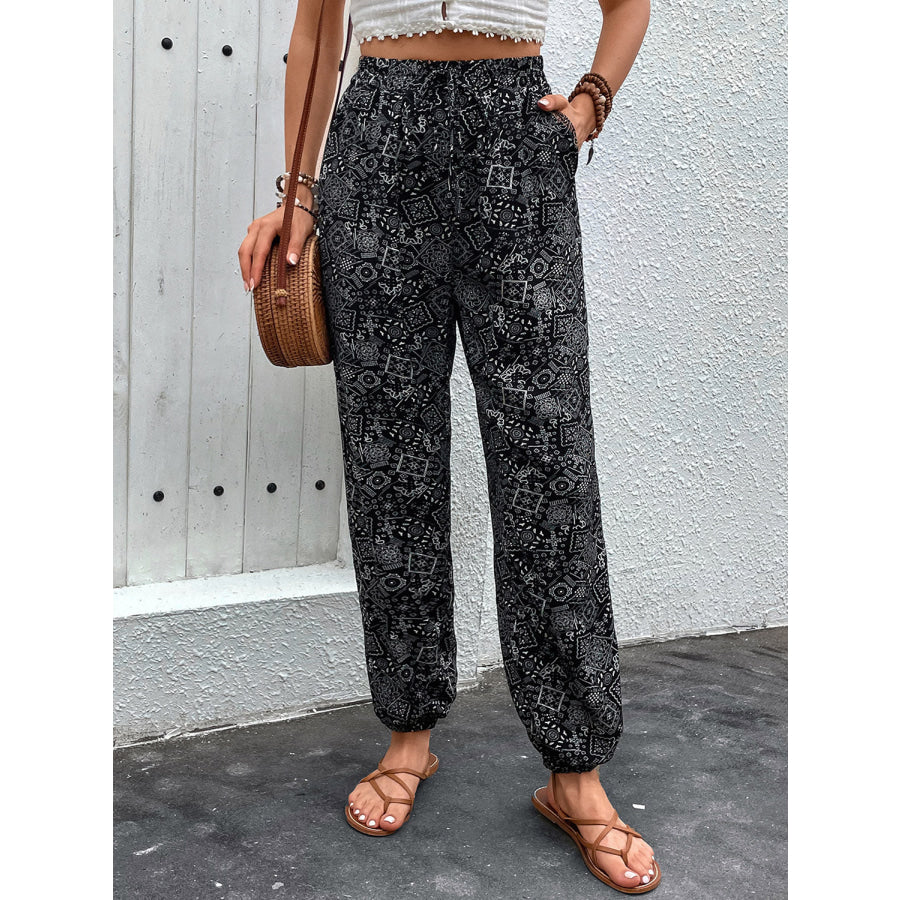 Printed High Waist Pants Black / S Apparel and Accessories