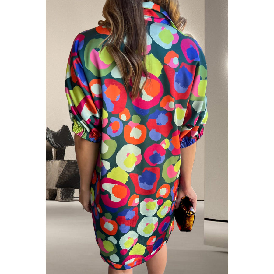 Printed Johnny Collar Half Sleeve Mini Dress Multicolor / S Apparel and Accessories