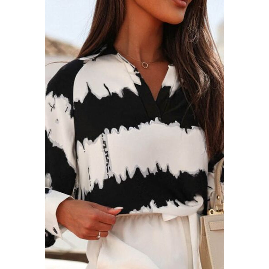 Printed Johnny Collar Long Sleeve Blouse Apparel and Accessories