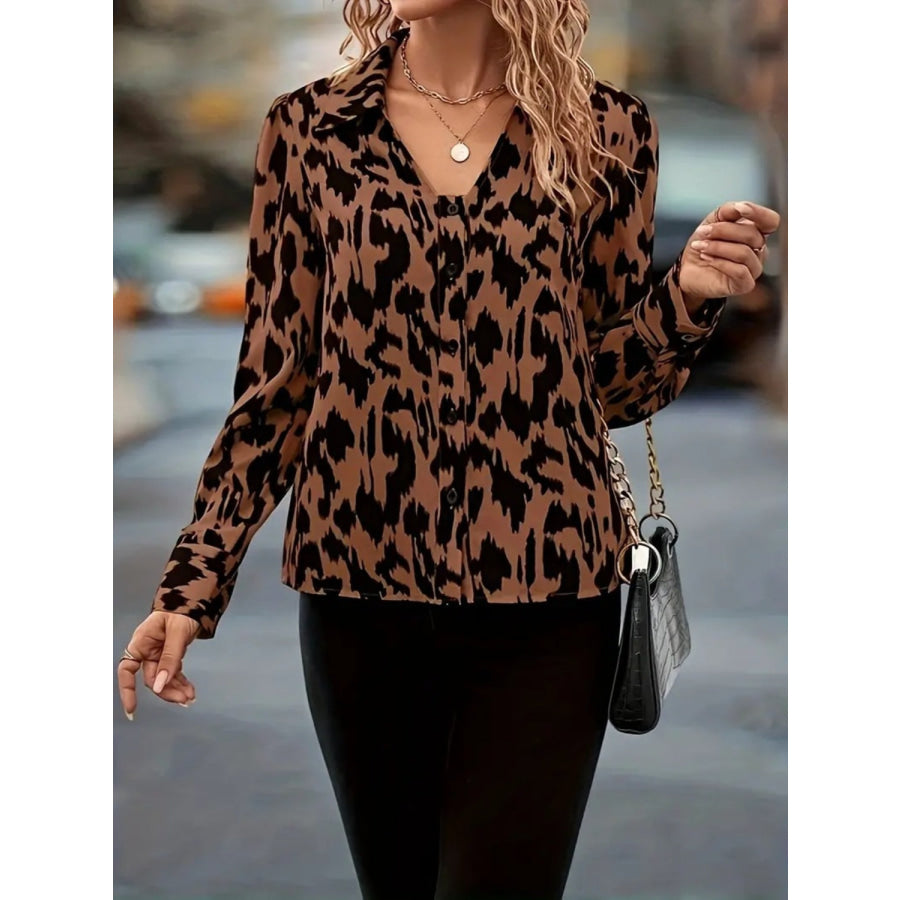 Printed Johnny Collar Long Sleeve Blouse Brown / S Apparel and Accessories