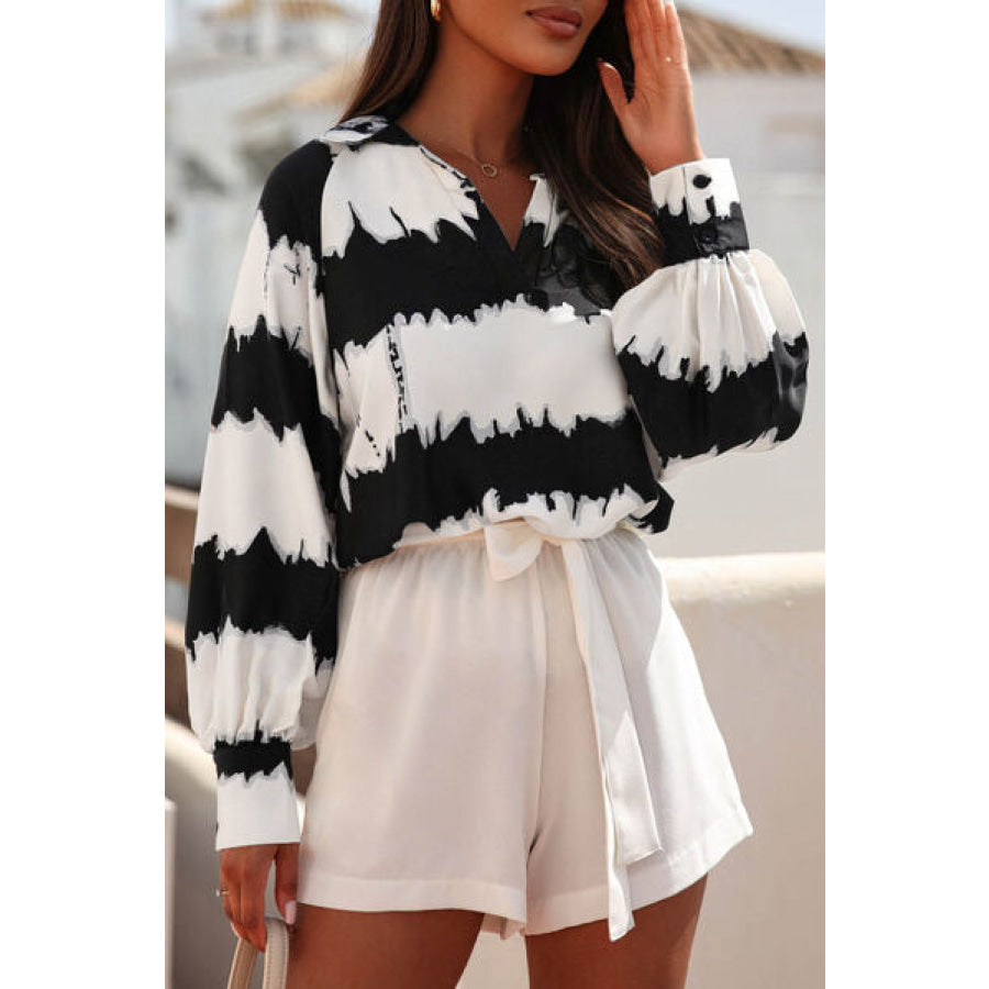 Printed Johnny Collar Long Sleeve Blouse Black / S Apparel and Accessories