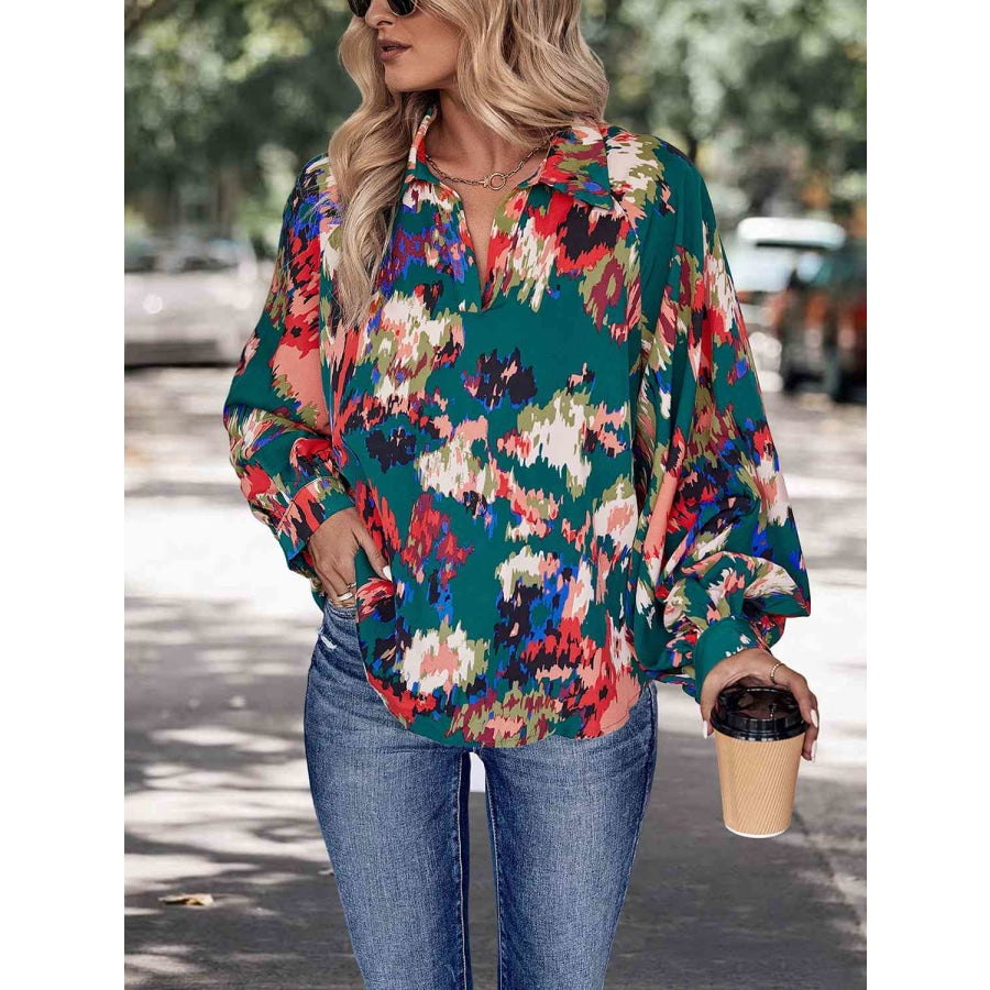 Printed Johnny Collar Long Sleeve Blouse Green / S