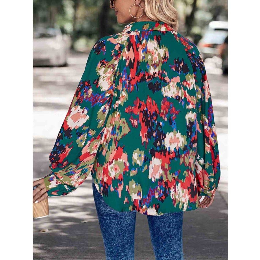 Printed Johnny Collar Long Sleeve Blouse