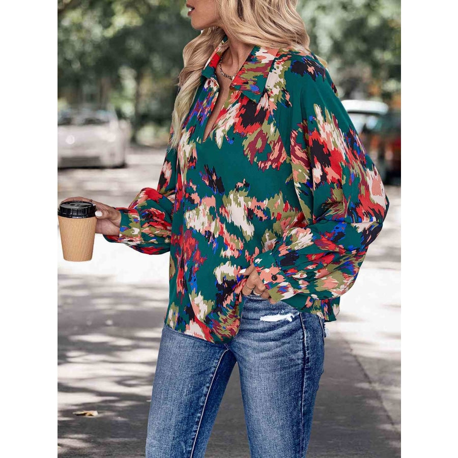 Printed Johnny Collar Long Sleeve Blouse