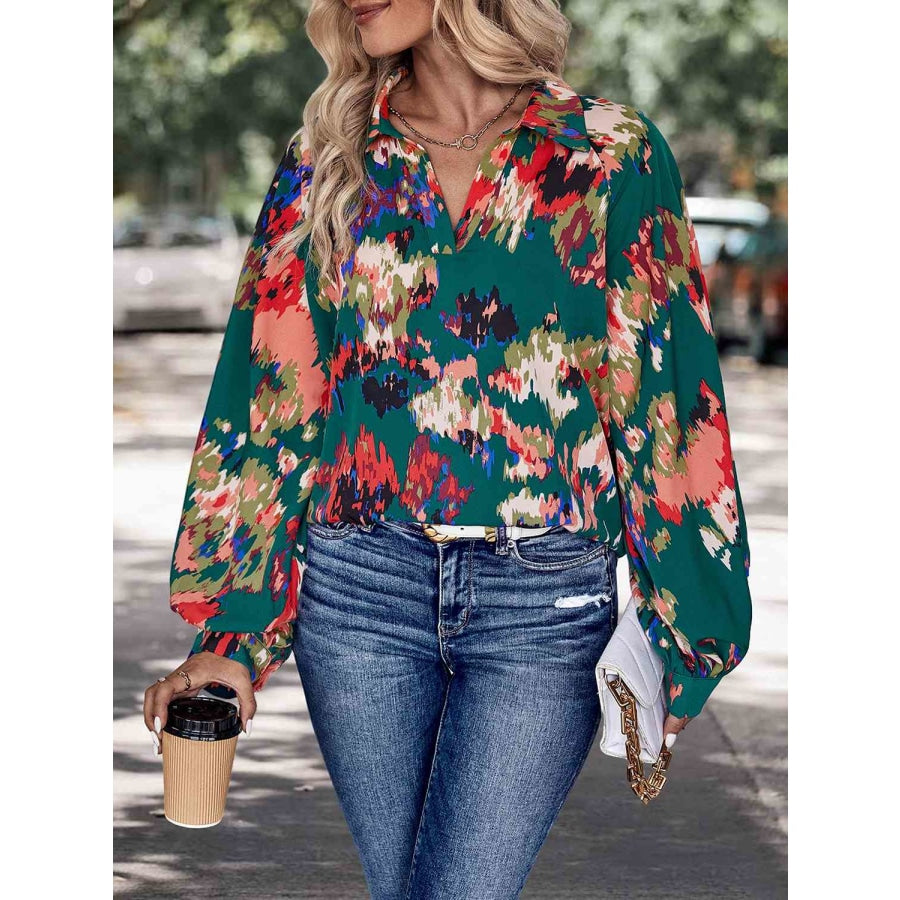 Printed Johnny Collar Long Sleeve Blouse