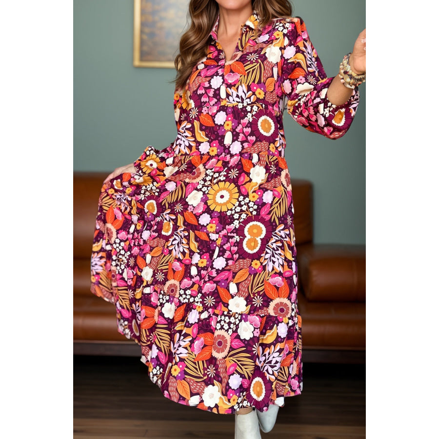 Printed Johnny Collar Long Sleeve Midi Dress Floral / S Apparel and Accessories