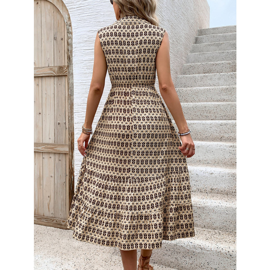 Printed Johnny Collar Midi Dress Tan / S Apparel and Accessories