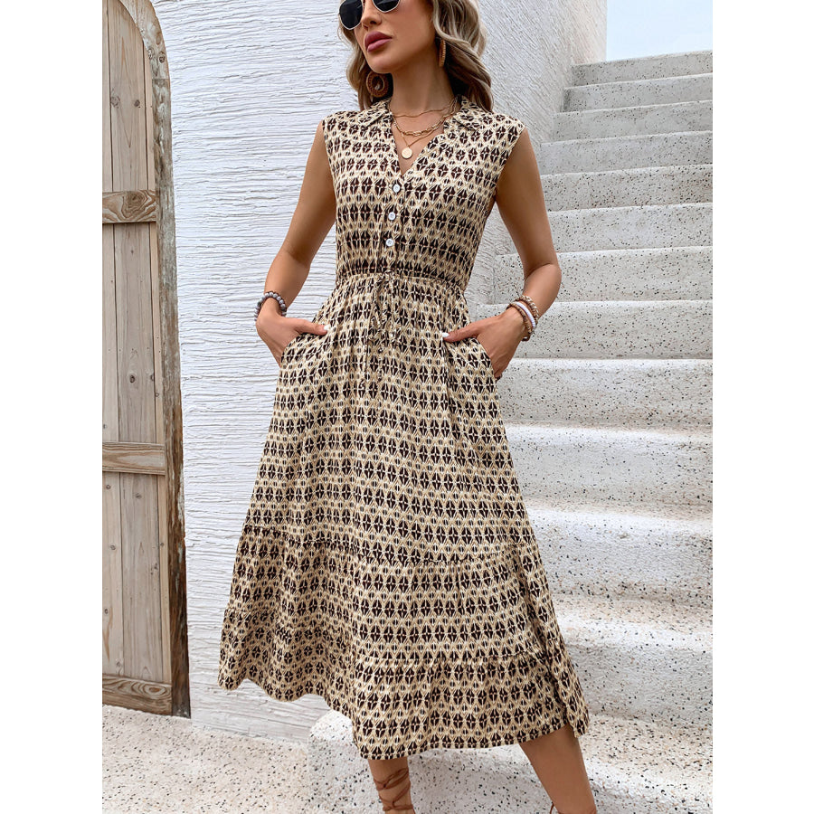 Printed Johnny Collar Midi Dress Tan / S Apparel and Accessories