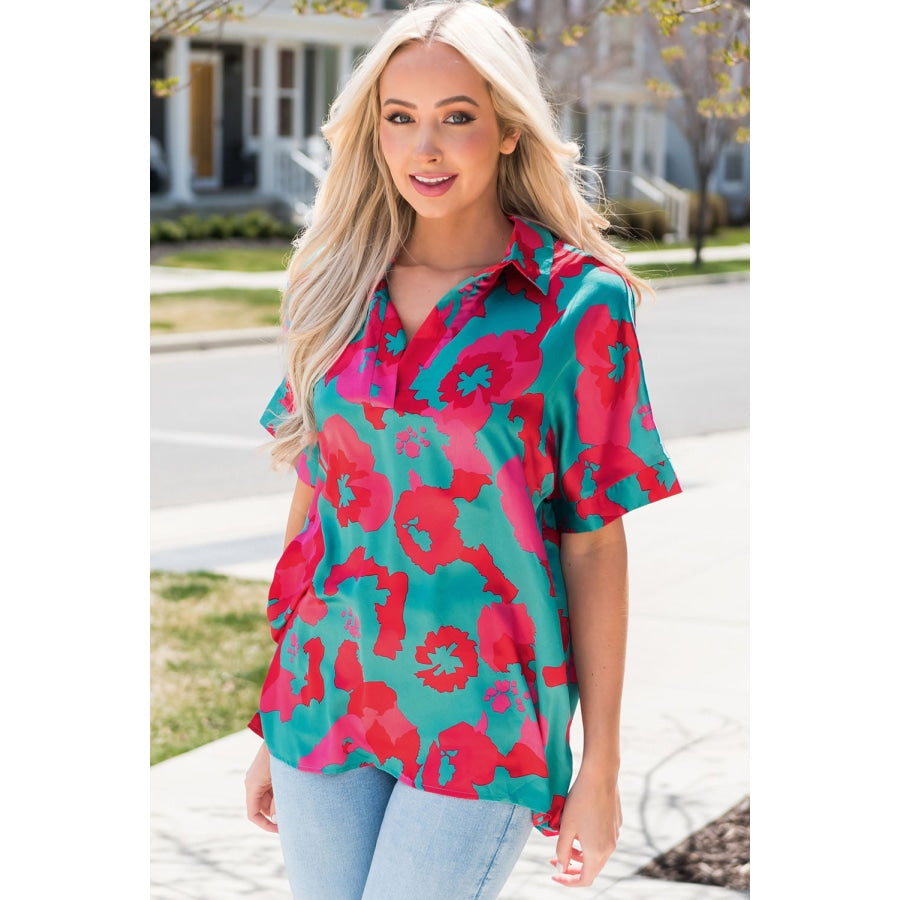 Printed Johnny Collar Short Sleeve Top Teal / S