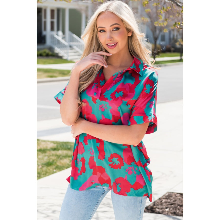 Printed Johnny Collar Short Sleeve Top