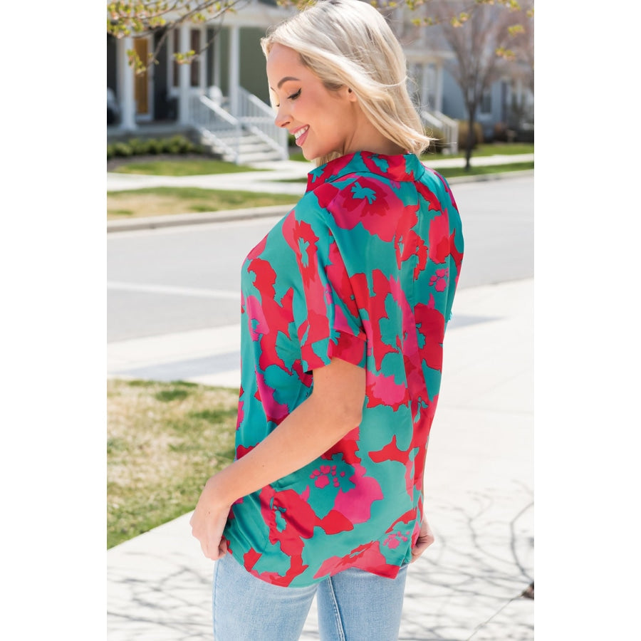 Printed Johnny Collar Short Sleeve Top