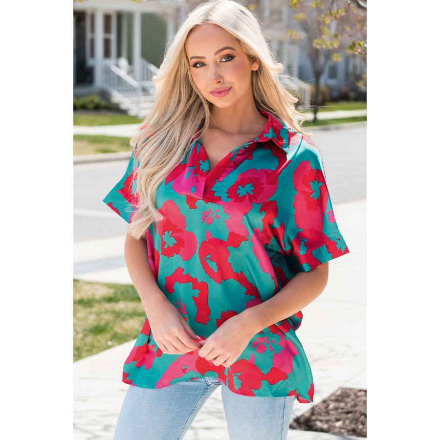 Printed Johnny Collar Short Sleeve Top