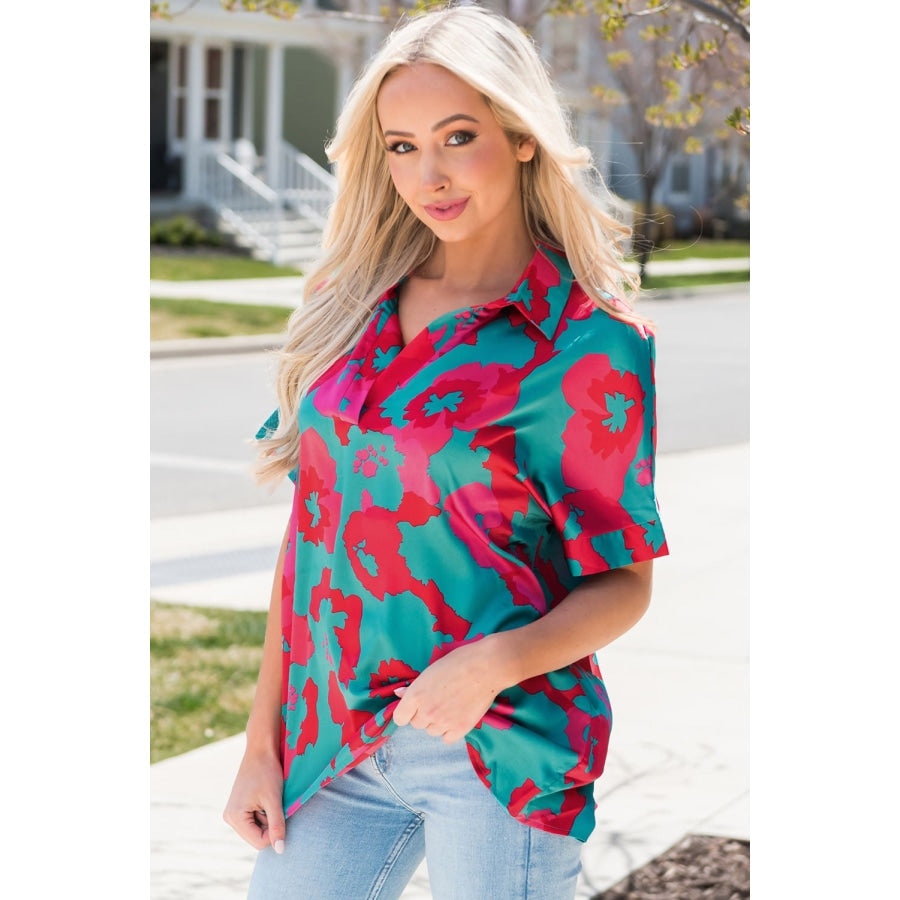 Printed Johnny Collar Short Sleeve Top