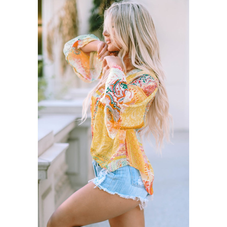 Printed Lace Trim Buttoned Blouse Apparel and Accessories