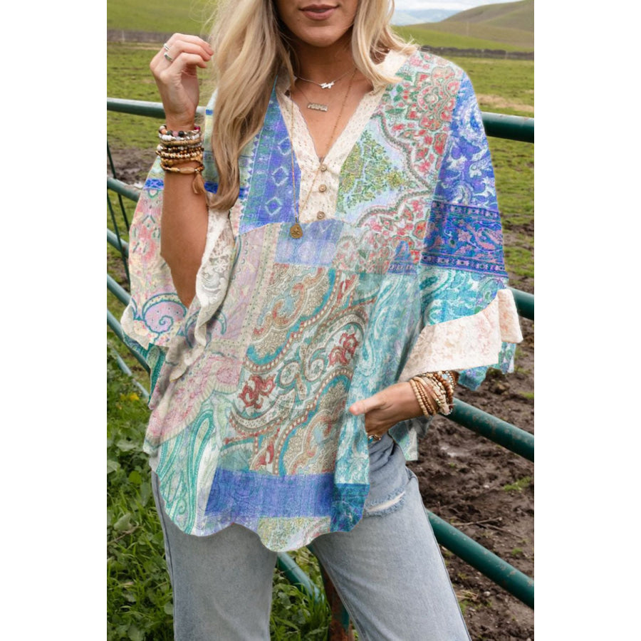 Printed Lace Trim Buttoned Blouse Apparel and Accessories