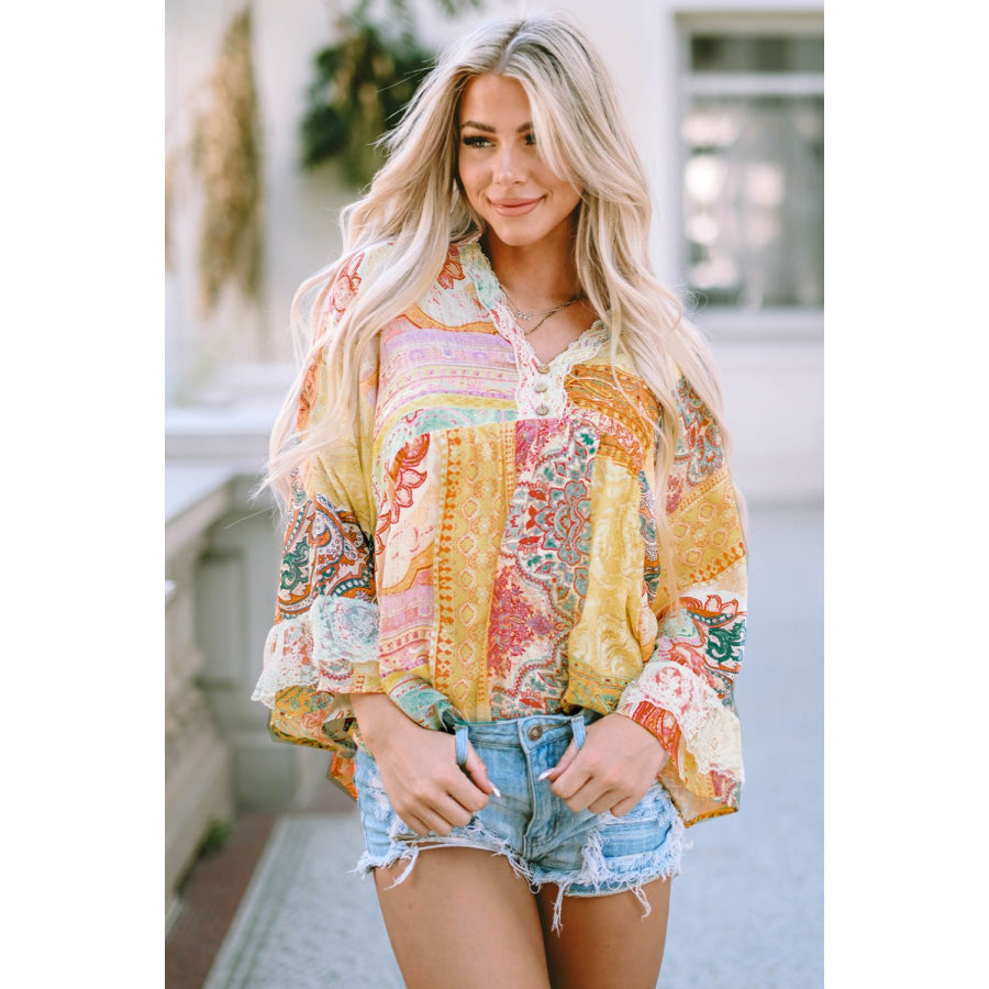 Printed Lace Trim Buttoned Blouse Apparel and Accessories