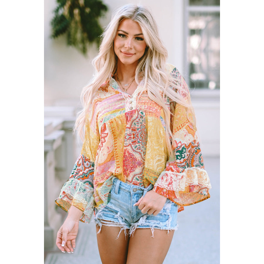 Printed Lace Trim Buttoned Blouse Multicolor / S Apparel and Accessories