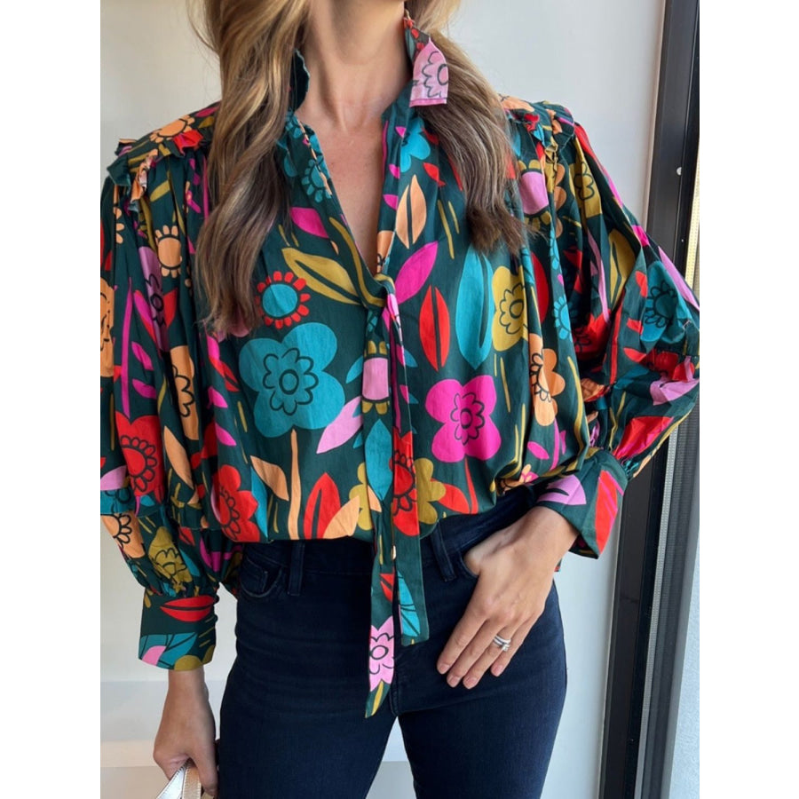 Printed Lantern Sleeve Blouse Multicolor / S Apparel and Accessories